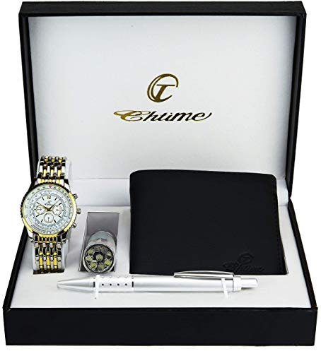 Coffret Cadeau Montre Homme - Lampe LED - Portefeuille -Stylo, Bracelet, Argent Or