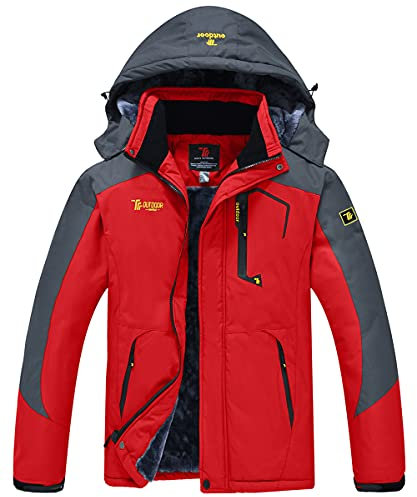 donhobo Men's Fleece Jacket Winter Waterproof Warm Ski Jackets Windproof Coat with Zip Pockets Hood(Red,XL)
