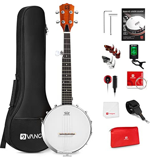 Vangoa 5-saitiges Banjo, 66 cm, Mini-Reise-Banjo, Banjo-Anfänger-Set mit Remo-Kopf, offener Rücken und geschlossener fester Rücken mit Anfänger-Kit, bequeme Tragetasche