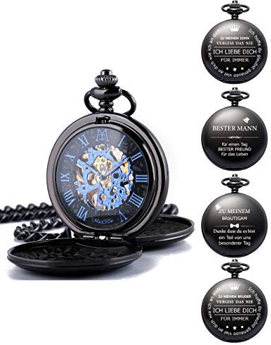 ManChDa Herren Taschenuhr Personalisiert, Gravur Taschenuhr mit Kette Klassische Jahrgang Mechanische Taschenuhr mit Kette Geschenke für Mama, Papa, Ehemann, Sohn, Trauzeugen (1.Black)