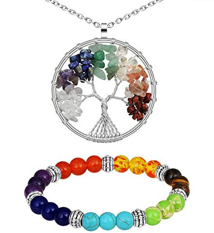 MicVivien 7 Chakra Arbre de la Vie en Cristal Stone Pendentif Collier et Bracelet Chakra Perles Bouddhiste