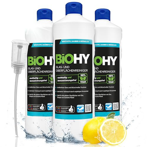 BiOHY Glas- und Oberflächenreiniger (3 x 1 Liter) + Dosierer | Glasreiniger Konzentrat für streifenfreien Glanz | ergiebiger Glas & Kunststoffreiniger | Fettlöser & Kalkreiniger