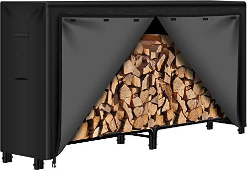 Amagabeli 244cmx35.6cmx122cm Range Bûches Extérieur Abri Bois de Chauffage avec Couverture Grande Capacité Porte-bûches de Cheminée avec étanche 600D Oxford Couvercle de Support Bûches Noir