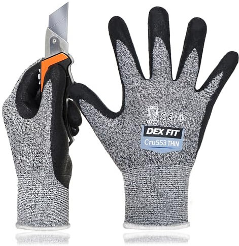 DEX FIT 15 Gauge Level 4 Dünne Schnittschutzhandschuhe Cru553; Fester Griff, 3D-Komfort-Passform, Leicht und Langlebig, Touchscreen-Kompatibel für Präzise Arbeiten, Waschbar; Grau S (7) 1 Paar