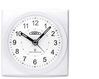 PRIM Funkwecker mit reibungslosem Ablauf, Kunststoff-Wecker, Perle&Weiß, Alarmverstärkung, Wiederholungsalarm, Lichtfunktion, Quarz-Uhrwerk, präziser und leiser Betrieb