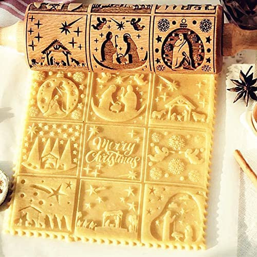 Rouleau à pâtisserie en bois de Noël pour la pâtisserie avec gravure en relief pour biscuits, tampons à biscuits, outils de décoration de cuisine pour la pâtisserie en relief (B. 9 grilles Jésus)
