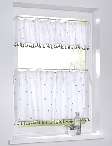 Kutti Scheibengardine Bistrogardine Panneaux Honey Landhaus gestickt Biene Natur Baumwolle Bindebänder Breite 120 x Höe 50 cm
