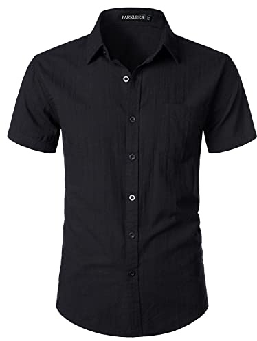 PARKLEES Men's Linen Fitted Cotton Slim Fit Casual Beach Shirt | Summer Shirts for Men, Lightweight, Beach, Holiday, Button Down, with Pocket, Short Sleeve, Button Up