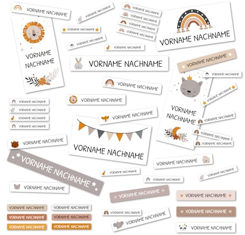 yabaduu 138 Namensaufkleber mit Wunschname personalisiert Aufkleber Sticker Set mit Kinder Name Beschriftung für Schule Kindergarten Hort Hefte Stifte Bücher (01 Boho Tiere)