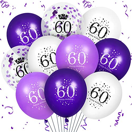 60. Lila Geburtstag Luftballons Dekorationen, 16 Stück Lila Weiß Konfetti Latex Luftballons für Frauen Männer Happy Birthday Party Hochzeitstag Indoor Outdoor Partyzubehör, 30,5 cm (60.)