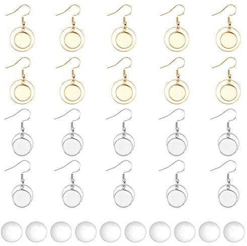 DICOSMETIC 2 Farbiges Cabochon Ohrring Haken Herstellungsset Aus Edelstahl 20 Stück 12mm Flache Runde Leere Lünette Goldene Ohrringe Und 20 Stück Glas Cabochons Für Die Ohrringschmuck