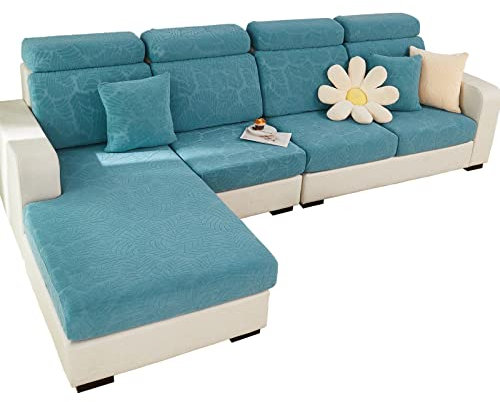 SHANNA Sofa Überzug Stretch, Couch Sofabezug 1 2 3 Sitzer L Form Ecksofa, Sofa Cover Sitzkissenbezug Sofaüberwürfe rutschfest Möbelschutz mit Elastischem Boden,(Blätterblau, Recamiere)