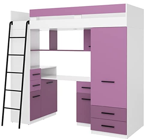 BIM Furniture Hochbett Etagenbett Entresole SMYK L Bett 200x80 cm mit Treppen Kinderbett Kleiderschrank Regal Schreibtisch Kinder Möbel Set Linke Seite (Weiß/Lavendel/Violett)
