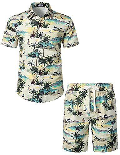 JOGAL Herren Hawaii Hemd Männer Flamingo Kurzarmhemd und Kurze Hose Set Strand Outfit Sommerhemd Für Mann Beige Island XX-Large