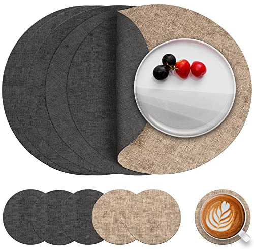 Myir JUN Tischsets Abwaschbar Leder und Untersetzer, Doppelseitigen Platzset Rund Ø 36cm 6er Set rutschfest Glasuntersetzer Platzdeckchen Leder Kunstleder Tischset (Grau Beige, 6er Set)