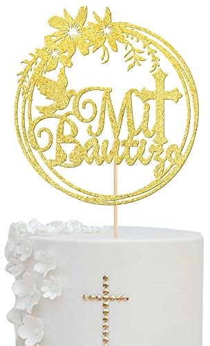 Xsstarmi 1 Pack Spanish Mi Bautizo Cake Topper Gold Glitter Dove Cross First Holy Communion Baptism Cake Picks for Religious God Bless Baby Shower Kids Birthday Party Cake Decorations