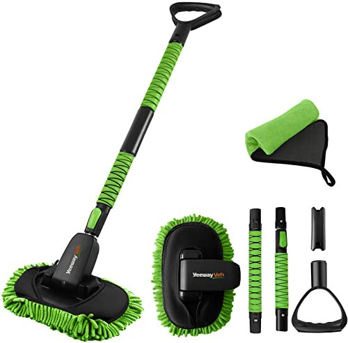 YeewayVeh 55 Car Wash Brush with Long Handle, Extendable Car Cleaning Brush with Scratch-Free Microfiber Car Wash Mop Head, Detachable D-shaped Handle Car Washing Kit for RV Truck Camper, Green