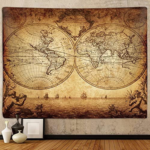 Alte Weltkarte, extra großer Wandteppich für Schlafzimmer, Vintage-nautische Karten der Weltkunst, Wandbehang für Schlafsaal, Wohnzimmer, Büro, Dekoration, braune Piratenschatzkarte, Posterdecke