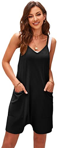 SotRong Women's Short Jumpsuits Solid V-neck Sling Cami Jumpsuit with Pocket Hot Shot Onesie Playsuit Summer Casual Sleeveless Boho Romper Loose Baggy Overalls Black M