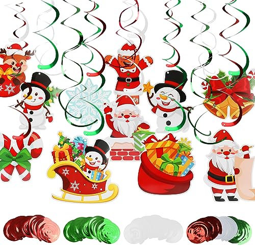 DERAYEE 51 x Weihnachtsdeckendekorationen, Weihnachtsdekoration, Folienwirbel-Dekorationen für drinnen und draußen, Weihnachtsfeiertags-Party-Dekoration