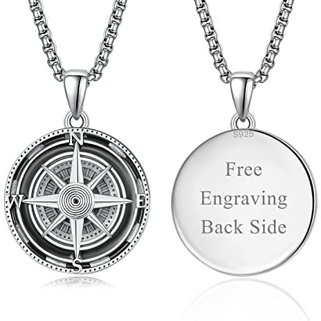KINGWHYTE Kompass Anhänger für Männer 925 Sterling Silber Abschlussgeschenk Halskette für Freunde, Geburtstagsjubiläum Juweliergeschenke Ehemann mit Edelstahl Perlenkette(Graviert)