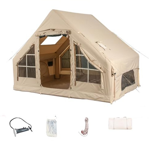 Inflatable Camping Tents with Pump, Air Glamping Tents, Easy Setup Waterproof and Windproof Blow up Tent, 4 Seasons Oxford Cabin Tent with Mesh & Chimney Window. (Small)
