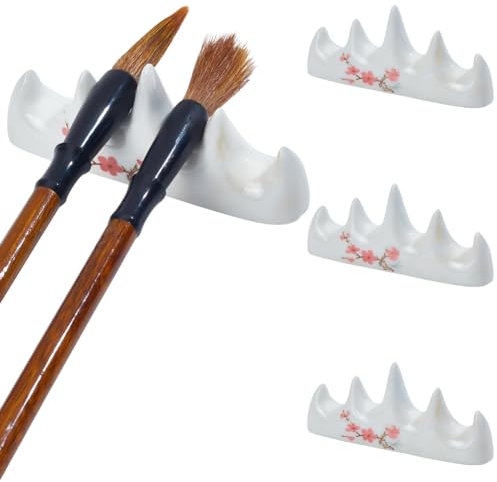 WEBEEDY 4pcs Paint Brush Holder Calligraphy Brush Rest Stand Plum Blossom Ceramic Brushes Pen Rack Holder for Home Office Desktop Decoration Chinese Japanese Calligraphy Painting Writing Practice