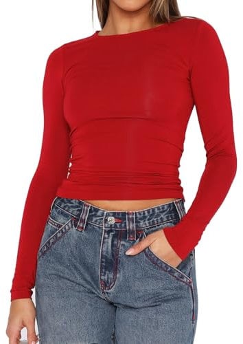 Womens Long Sleeve Scoop Neck Lace Trim Slim Fitted Casual Tee Tops Slim Basic T-Shirts Crop Tops (X1 Red, S)