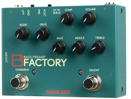 SONICAKE Bass Pedal Overdrive Analog Preamp Compression Effects Pedal and 3-Band EQ via Pre/Post Selection with XLR Output B Factory