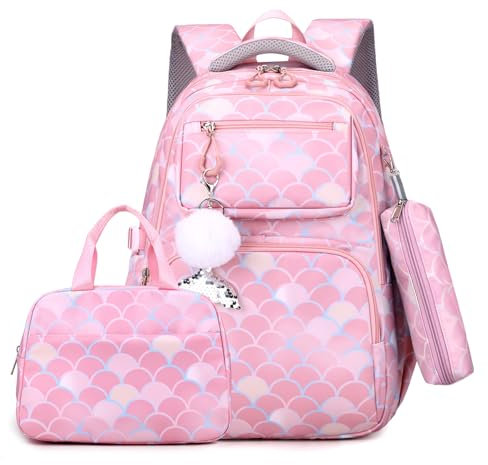 Tanou Schulrucksack Mädchen 4 Teilig Rucksack Mädchen Teenager, Große Schultasche Kinder der 3. bis 7. Klasse, Nylon Schulranzen mit Lunchtasche Stiftetasche, Rosa