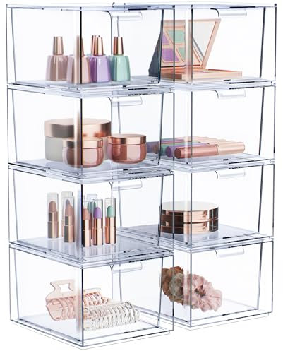 Sorbus Clear Stackable Storage Drawers - 8 Pack Acrylic Drawer Organizer for Vanity, Bathroom Makeup Organizer, Kitchen Cabinets, Undersink - Plastic Storage Bins for Home Organization and Storage