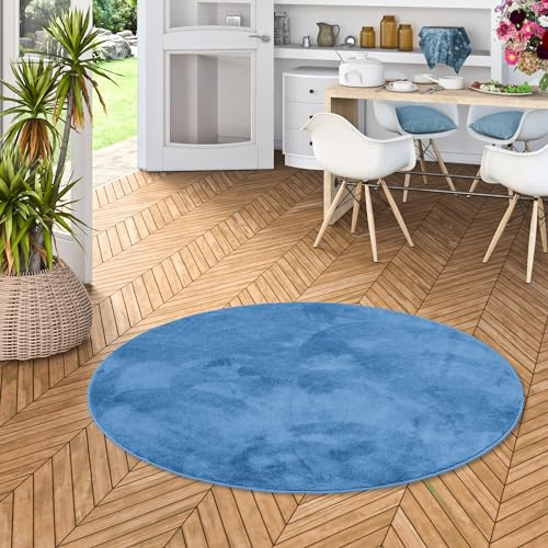 Snapstyle Luxus Super Soft Hochflor Langflor Teppich Deluxe Rund Blau - Flauschig Weich für Wohnzimmer Schlafzimmer Kinderzimmer