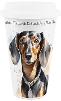 Purely Home The World's Best Dachshund Mum Ceramic Travel Mug - Novelty Gifts for Sausage Dog Mums - Reusable Silicone Lid Double-Walled Insulated Hot/Cold Drinks Tea Coffee Cup