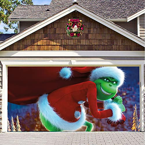 70 x 157 In Merry Christmas Holiday Banner Garage Door Cover Mural Green Hair Christmas Tapestry Outdoor Large Door Cover Decoration Indoor and Outdoor Christmas Holiday Decoratio (G, One Size)