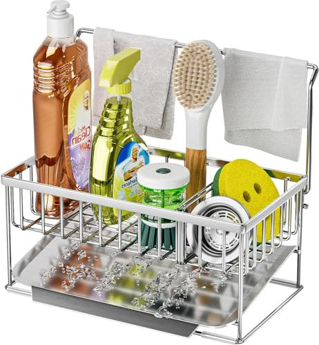 Kitchen Sink Caddy Organiser - Stainless Steel Sponge Holder Brush Soap Dishcloth Holder with Removable Drip Tray Rustproof Sink Storage Rack for Countertop, Silver
