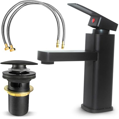 MSC Robinet mitigeur noir – Design à levier unique, robinet de lavabo noir mat, mitigeur de lavabo de vestiaire, avec bonde pop-up et tuyaux