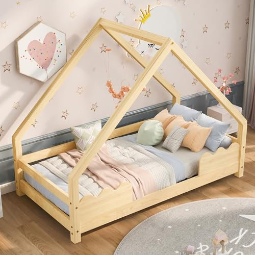 YESGIGA Hausbett Kinderbett 90x200cm mit Rausfallschutz Spielbett Jugendbett Massivholz (Natürlich, 80x160cm)