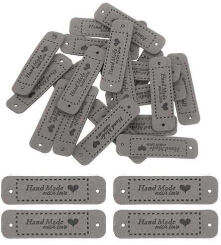 QUARKZMAN 20 Stück Handgemachte Leder Etiketten zum annähen Handmade Label PU Leder Handgefertigt Geprägtes Etikett für Verzieren Selbermachen Nähen Basteln, 55x15mm, Grau