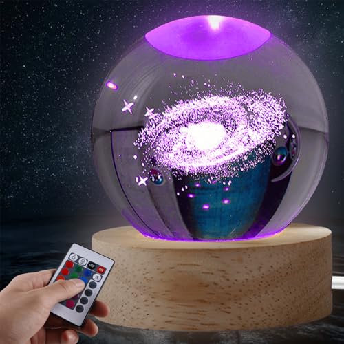 Leikurvo 3D Kristallkugel Nachtlicht: USB, 16 Farben Nachtlicht Mit Holzsockel, LED Ball Lampe Mit 3D Lasergravur Des Sonnensystems, Ideal Für Schlafzimmer Und Geschenk Zum Geburtstag (60mm, Klar)
