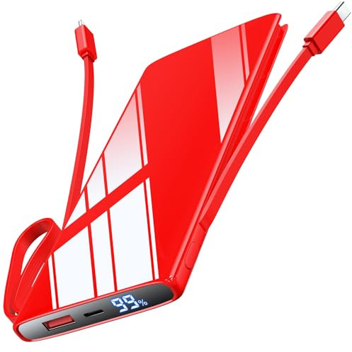 Bateria Externa Carga Rapida 30W 10000mAh Power Bank con Cable Integrado USB C In out PD 3.0 QC 4.0 Bateria Portatil Indicador LED Mini Powerbank para iPhone Samsung Xiaomi Tablets Color Rojo