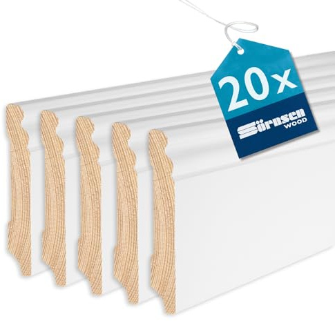 Sockelleiste Kiefer – 16x95x2400 mm, 20 Stück, weiß RAL 9016 lackiert | Sörnsen Wood Sockelleiste – hochwertige Fußleisten mit Altdeutschem Profil – Beste Qualität hergestellt in Norddeutschland