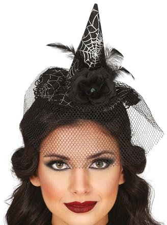 FIESTAS GUIRCA | Serre-tête Bonnet de Sorcière avec Voile (Taille Unique) - Accessoire pour Costume de Sorcière à Halloween et Fêtes Costumées - Idéal pour Femme Adulte - Noir