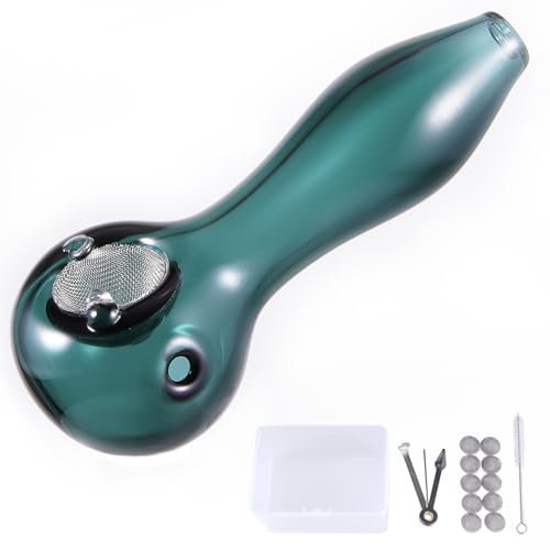 LIVBTS Handgefertigte Glaspfeife, Glas Löffel Bong konische Schüssel, hitzebeständig, geruchlos, inklusive 10 Filter, Aufbewahrungsbox, Reinigungsbürste und Pfeifenschaber-Reiniger-Set (grün)
