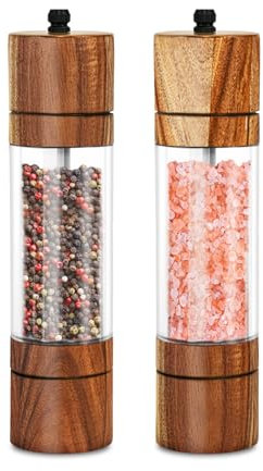 Upgraded Wooden - Acacia Wood Salt Grinder and Pepper Grinder Set Premium Acrylic Salt and Pepper Mill Set, Manual Salt and Pepper Mills- Wooden Shakers with Adjustable Ceramic Core 8 Inches 2 Pack