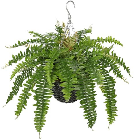 Briful Plantas colgantes artificiales de 17.7 pulgadas, helecho Boston con maceta tejida, plantas de helecho falsas colgantes como plantas artificiales decorativas reales para porche, sala de estar