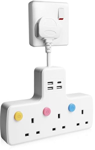 SPORWAY 3 Way Plug Extension Socket: 7 in 1 Plug Adapter with 1 USB C and 3 USB Ports, Multi Plug Extension Socket Wall Plug Adapter Extensions for Home School Supplies Travel - 2500W/16A