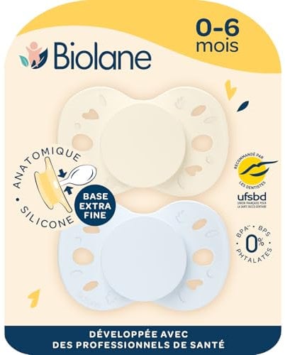 BIOLANE - Tétines anatomiques - Sucettes extra-fines - 0 à 6 mois - Bleu et Beige - Téterelle plate et réversible- Confort optimal- Respect du développement bucco-dentaire