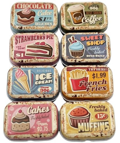 CCUUHJ 8 Pcs Mini Butter Dessert Tin Trinket Jewelry Organizer Storage Box Decorative Boxes Vintage Small Metal Tins with Hinged Lids Portable Box Containers Small Storage Kit,6X4X2.5 CM (Dessert)