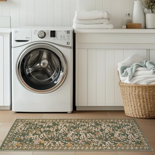 TOPICK Blumen Läufer Flur Waschbar Küche Läufer Kurzflor Vintage Orange-Grün Romantisch Teppich 60x150cm Antibakterieller Faltbar rutschfest Dünn Teppich für Brücken Schlafzimmer Wohnzimmer Flur