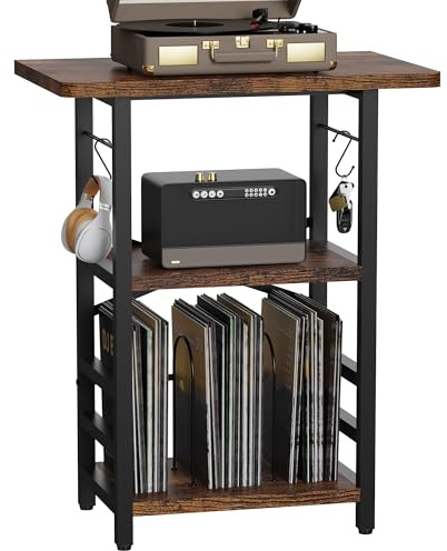 YAKANJ Record Player Stand with Extended Desktop,Large Record Player Table with Vinyl Storage,Tall Turntable Stand with Record Holder Vinyls Display Shelf for Music Room Studio, Rustic Brown